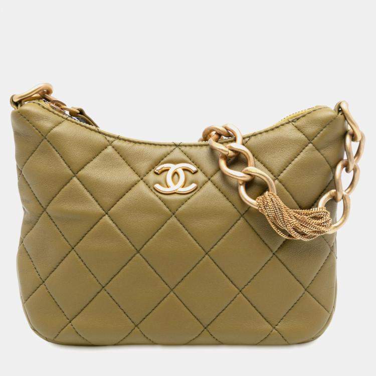 Pre Owned Chanel Green Paris Dakar Quilted Lambskin Mixed Chain Hobo