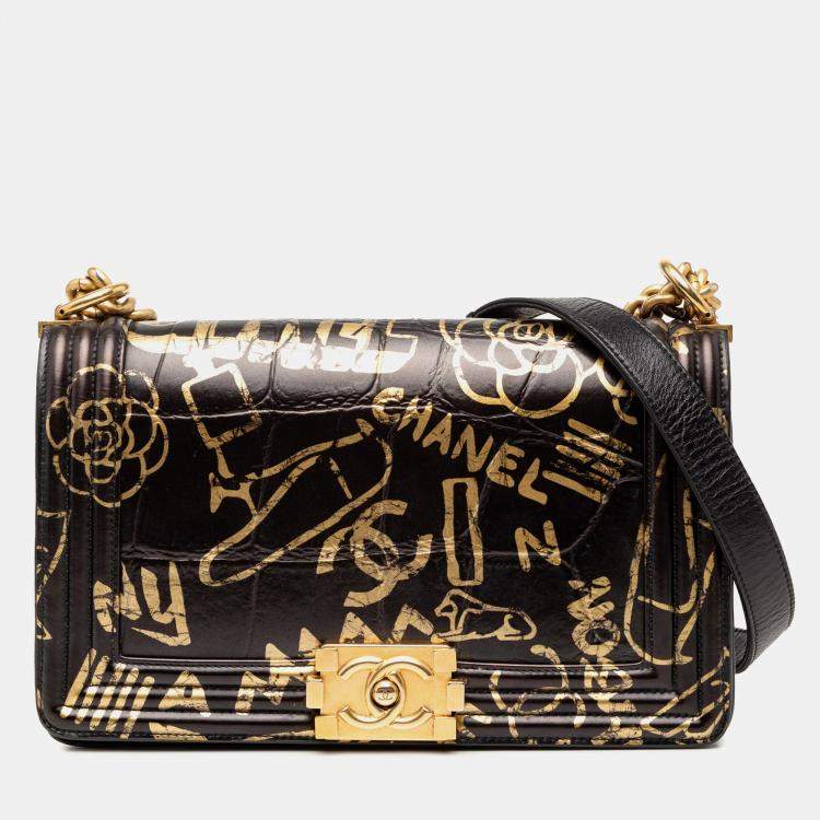 Pre Owned Chanel Black Medium Croc Embossed Leather Graffiti Cocodile Boy Flap