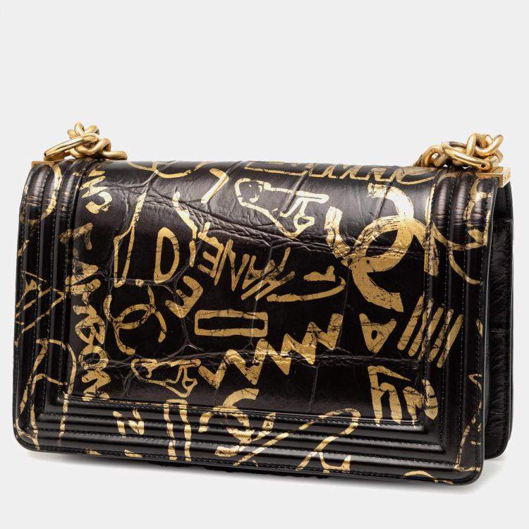 Pre Owned Chanel Black Medium Croc Embossed Leather Graffiti Cocodile Boy Flap