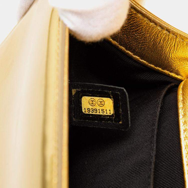 Pre Owned Chanel Gold Small Quilted Metallic Patent Boy Flap