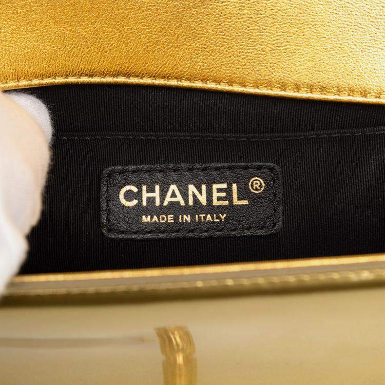 Pre Owned Chanel Gold Small Quilted Metallic Patent Boy Flap