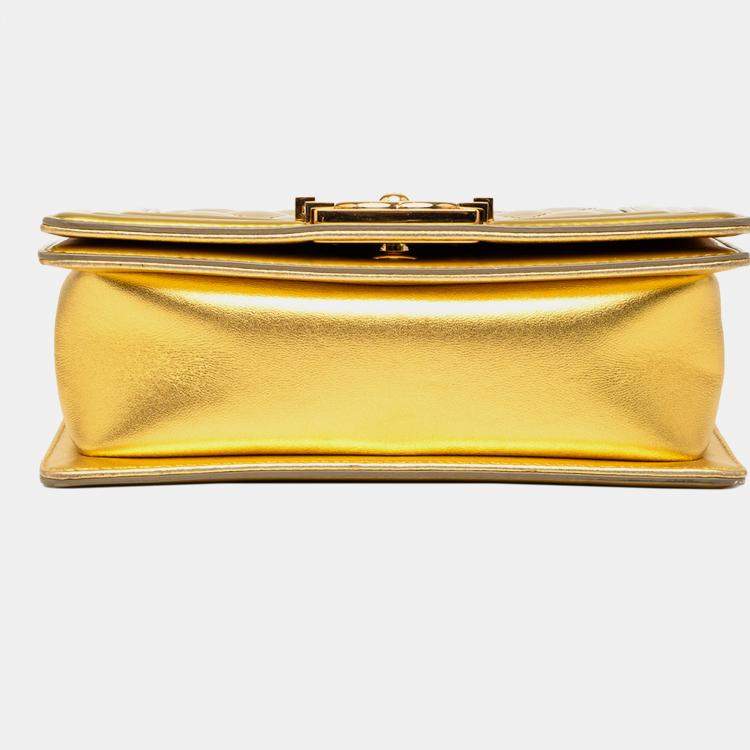 Pre Owned Chanel Gold Small Quilted Metallic Patent Boy Flap