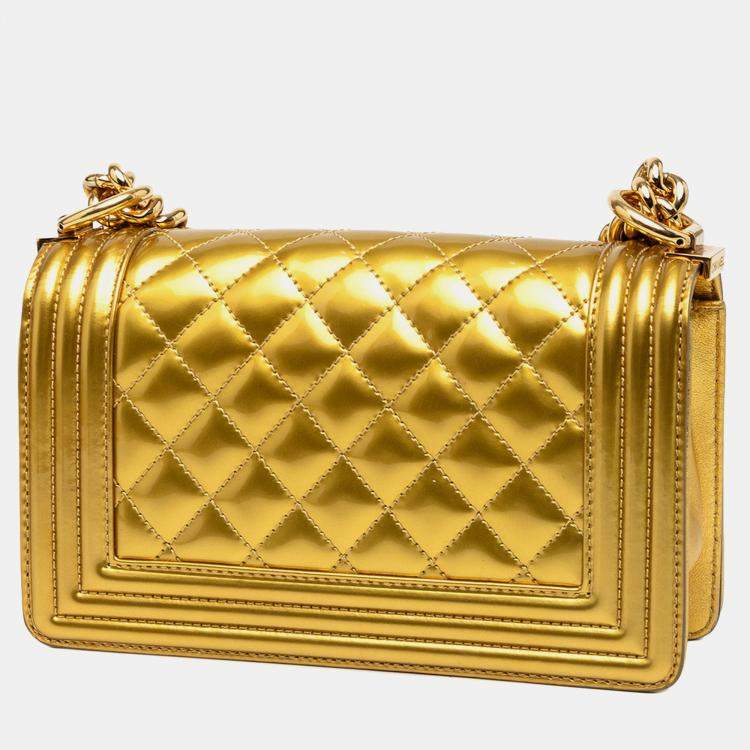Pre Owned Chanel Gold Small Quilted Metallic Patent Boy Flap