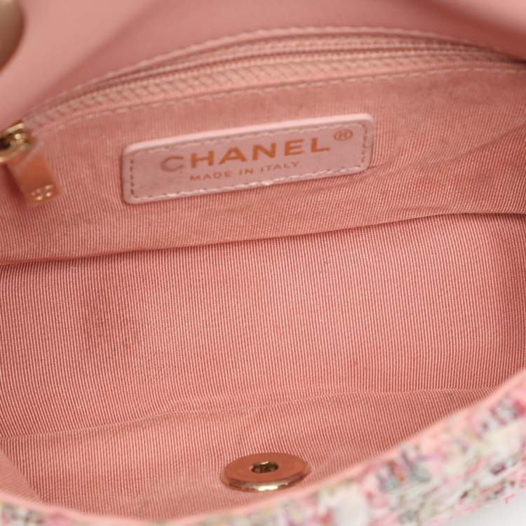 Pre Owned Chanel Pearl Handle Small Pink Tweed Flap Bag
