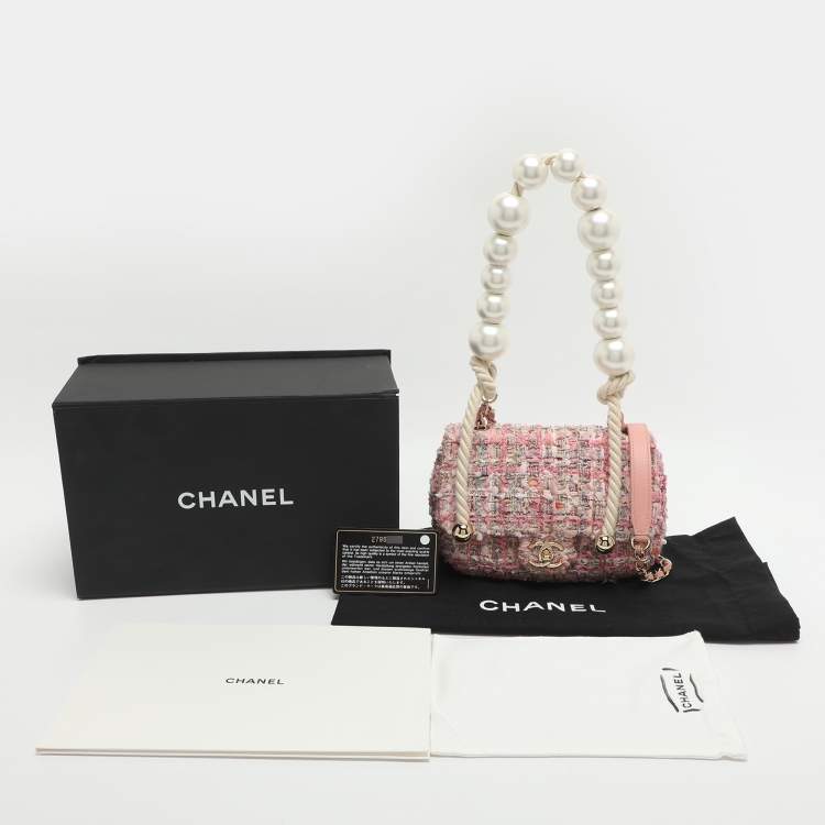Pre Owned Chanel Pearl Handle Small Pink Tweed Flap Bag