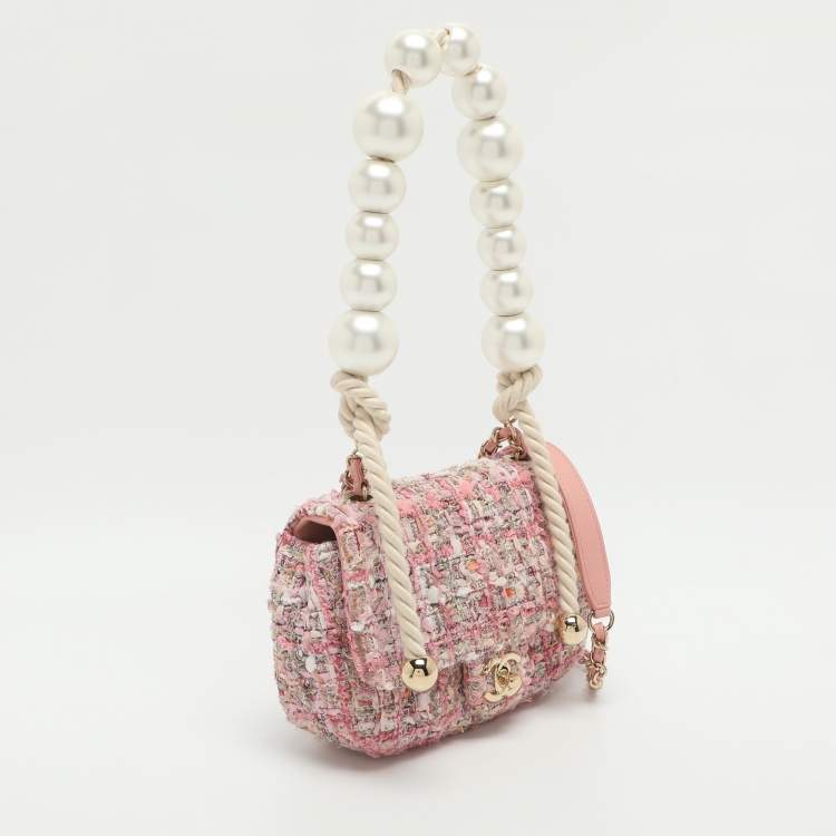 Pre Owned Chanel Pearl Handle Small Pink Tweed Flap Bag