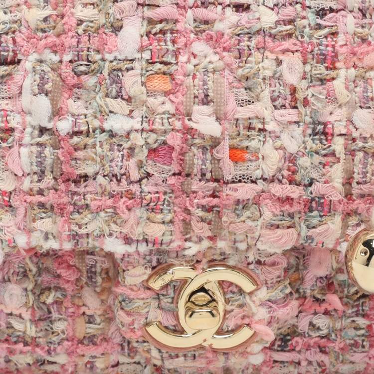 Pre Owned Chanel Pearl Handle Small Pink Tweed Flap Bag