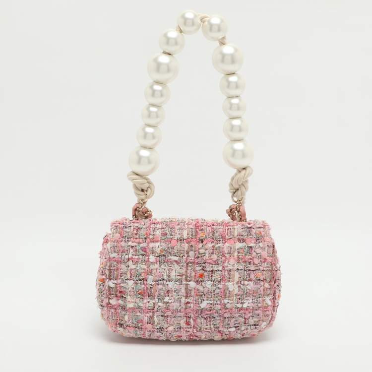 Pre Owned Chanel Pearl Handle Small Pink Tweed Flap Bag