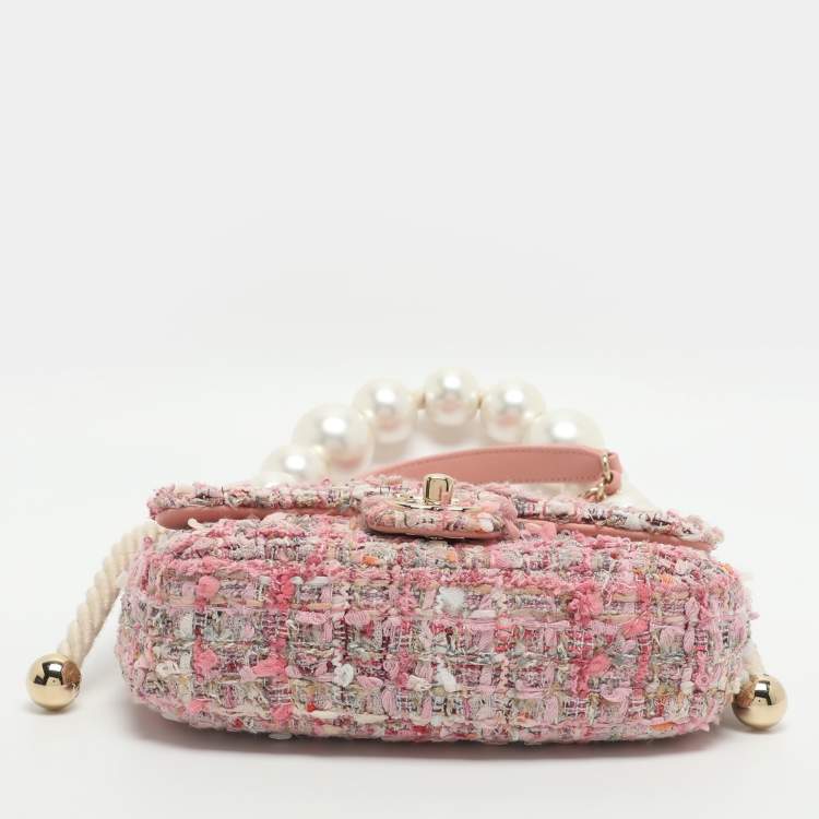 Pre Owned Chanel Pearl Handle Small Pink Tweed Flap Bag