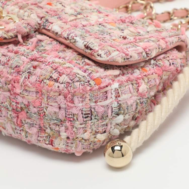 Pre Owned Chanel Pearl Handle Small Pink Tweed Flap Bag