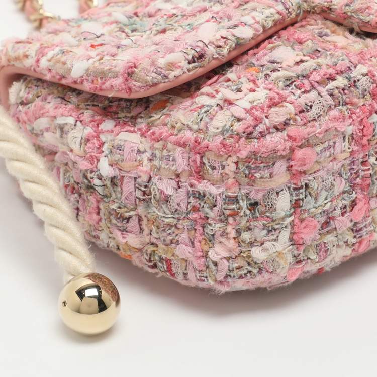Pre Owned Chanel Pearl Handle Small Pink Tweed Flap Bag
