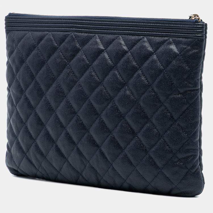 Pre Owned Chanel Blue Medium Quilted Caviar Boy O Case Clutch