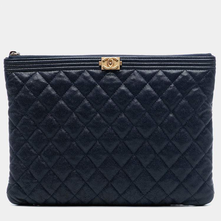 Pre Owned Chanel Blue Medium Quilted Caviar Boy O Case Clutch