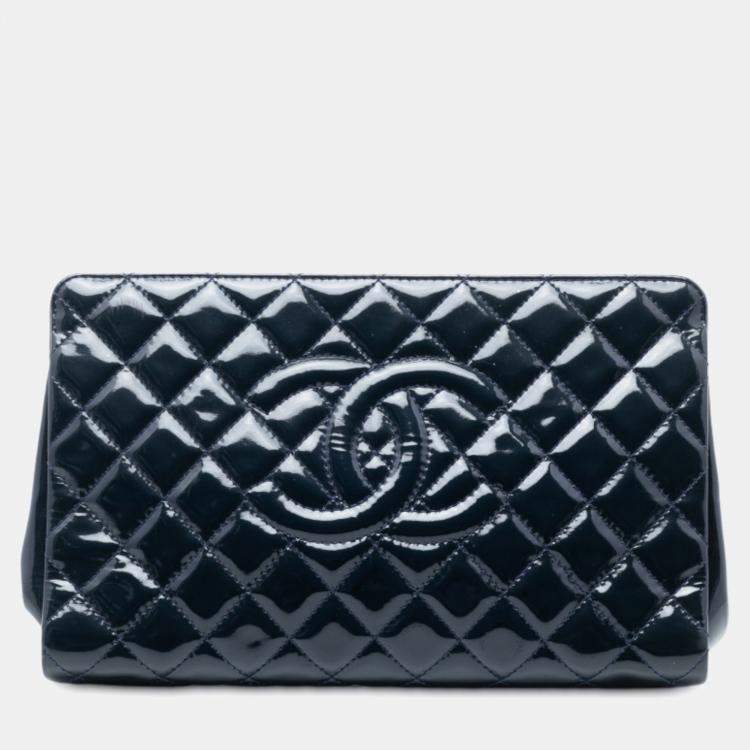 Pre Owned Chanel Blue CC Quilted Patent Timeless Clutch