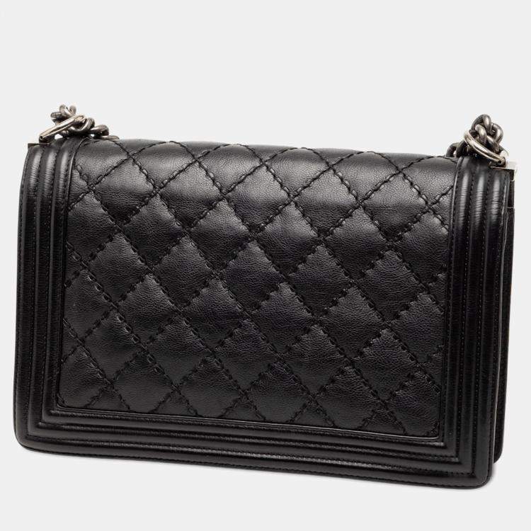 Pre Owned Chanel Black Medium Calfskin Double Stitch Boy Flap