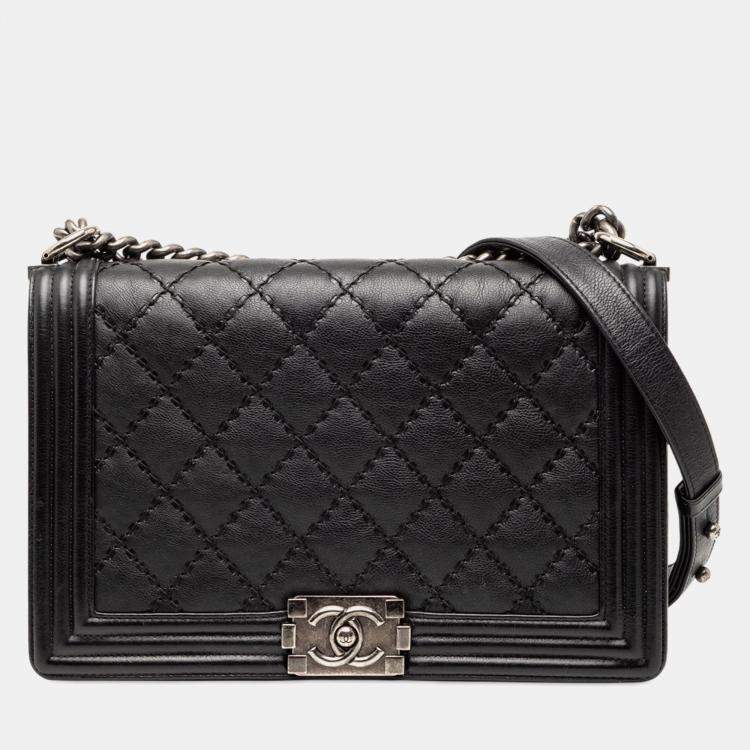 Pre Owned Chanel Black Medium Calfskin Double Stitch Boy Flap