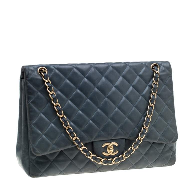 Pre Owned Chanel Blue Quilted Lambskin Leather Classic Maxi Single Flap Bag