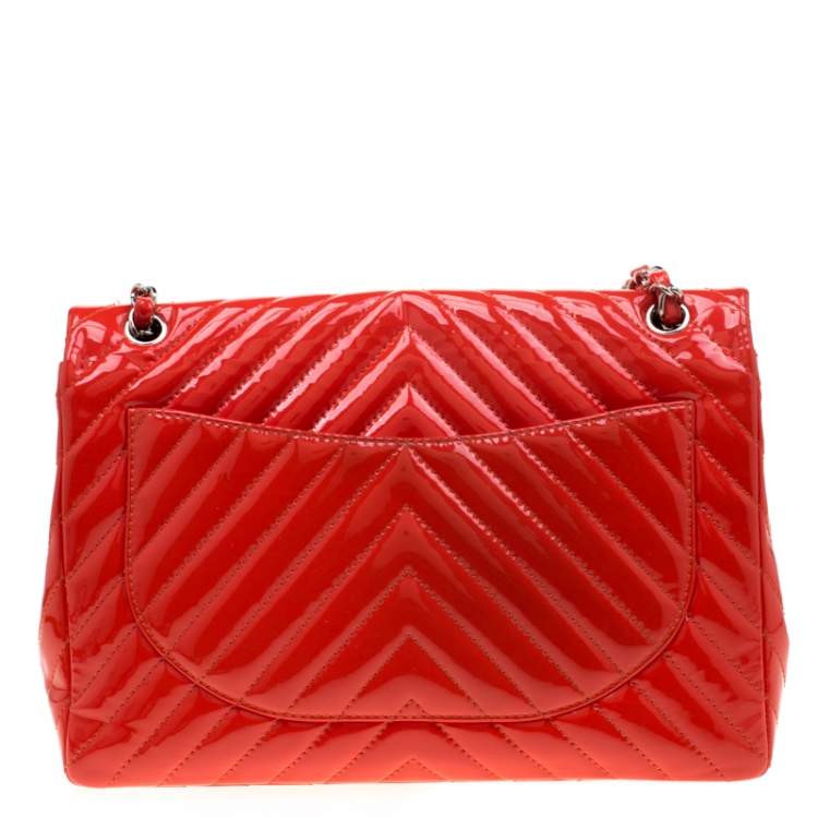 Pre Owned Chanel Orange Patent Leather Maxi Classic Single Flap Bag