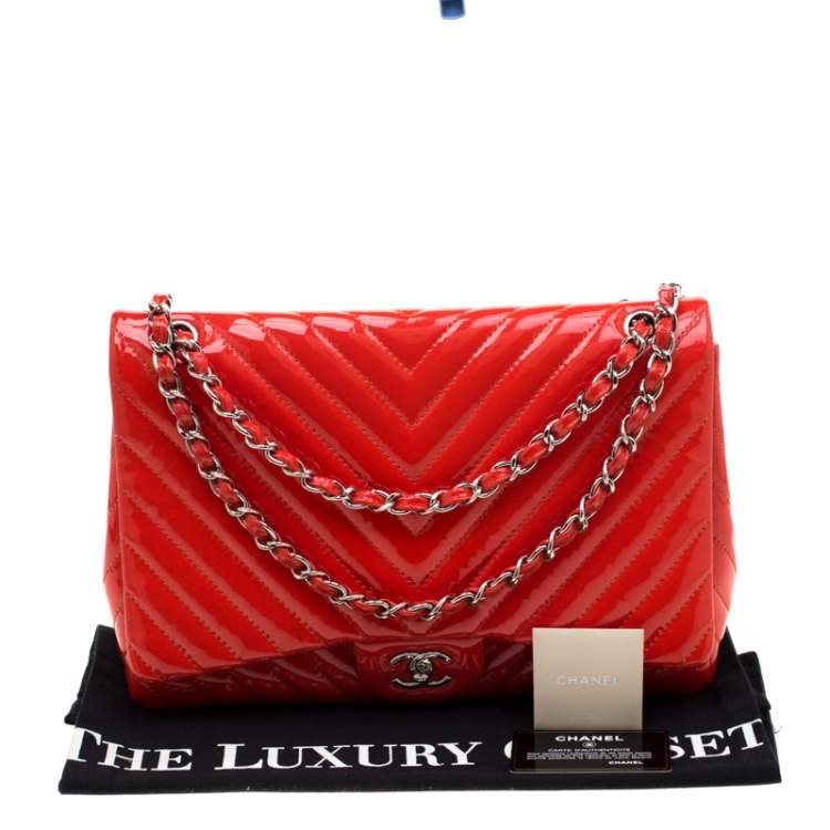 Pre Owned Chanel Orange Patent Leather Maxi Classic Single Flap Bag