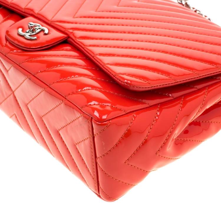 Pre Owned Chanel Orange Patent Leather Maxi Classic Single Flap Bag