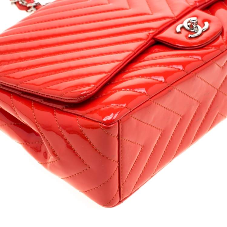 Pre Owned Chanel Orange Patent Leather Maxi Classic Single Flap Bag