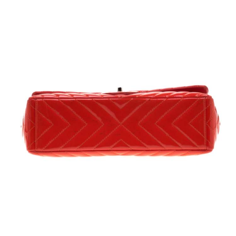 Pre Owned Chanel Orange Patent Leather Maxi Classic Single Flap Bag