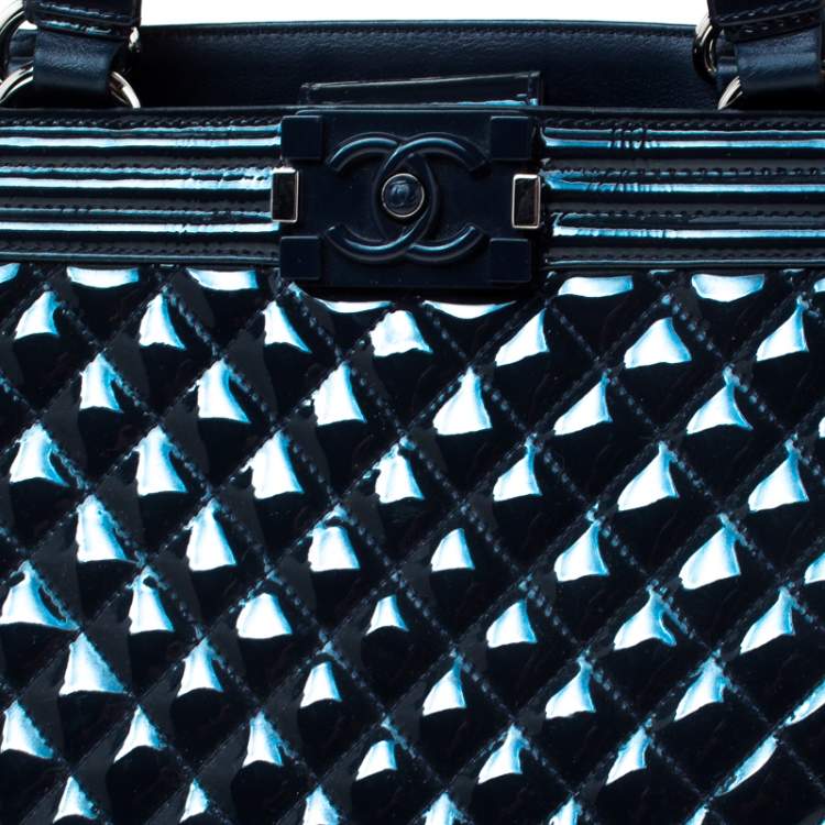 Pre Owned Chanel Navy Blue Quilted Leather Large Boy Shopper Tote