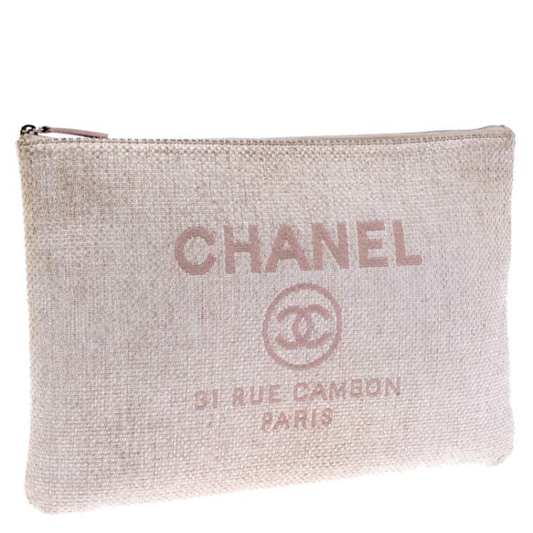 Pre Owned Chanel Pale Pink Raffia Large Deauville Clutch