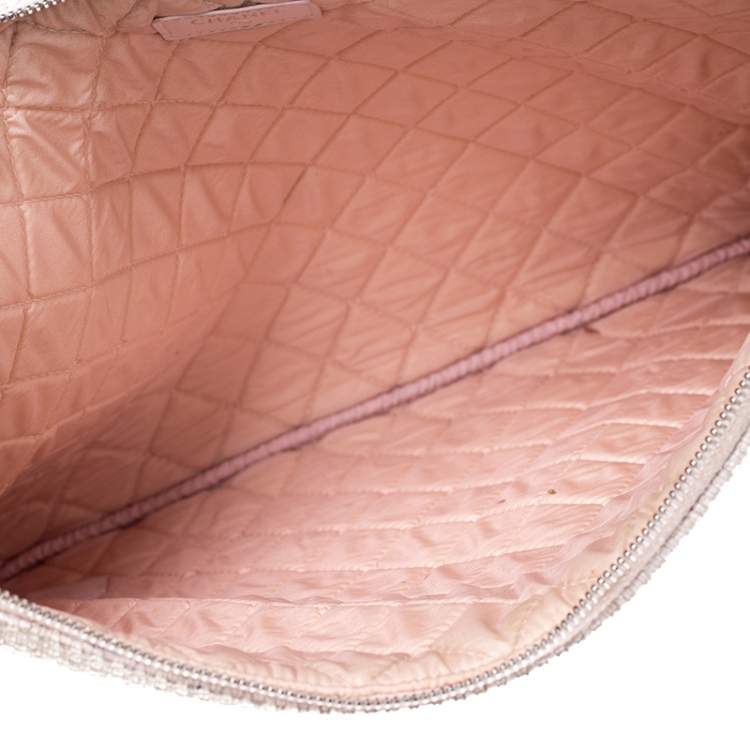 Pre Owned Chanel Pale Pink Raffia Large Deauville Clutch