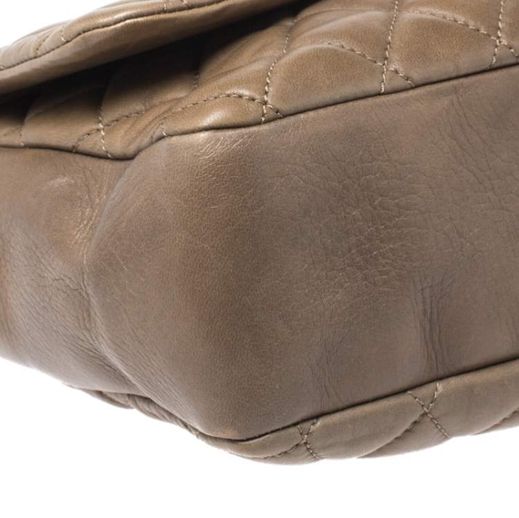 Pre Owned Chanel Khaki Brown Quilted Leather Maxi Classic Single Flap Bag with Rain Cover