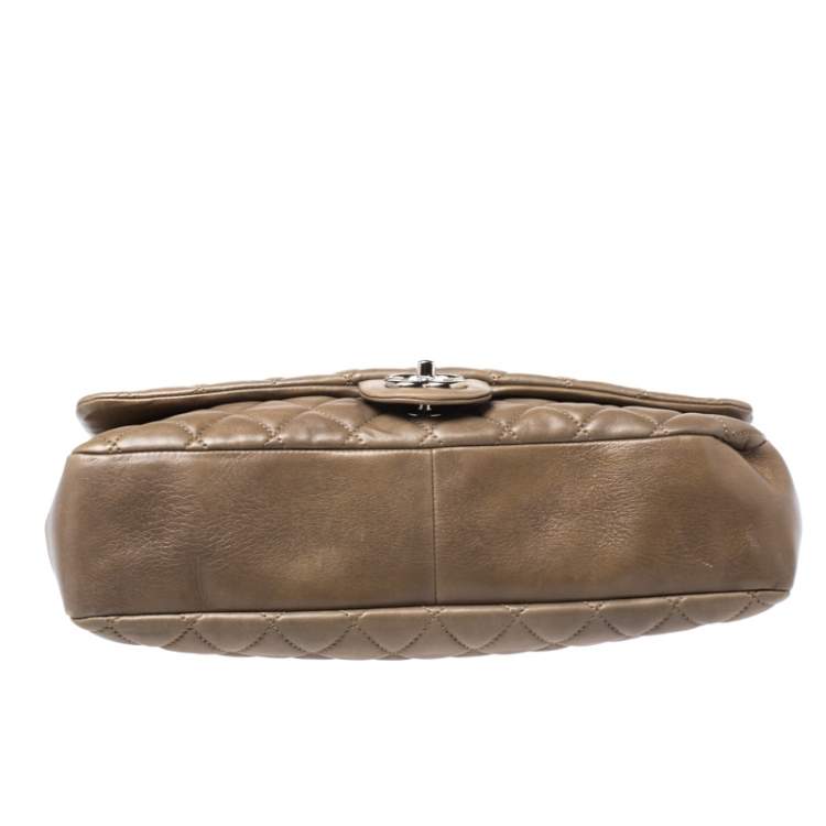 Pre Owned Chanel Khaki Brown Quilted Leather Maxi Classic Single Flap Bag with Rain Cover