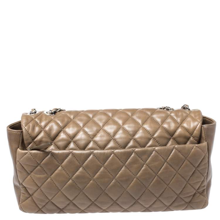 Pre Owned Chanel Khaki Brown Quilted Leather Maxi Classic Single Flap Bag with Rain Cover