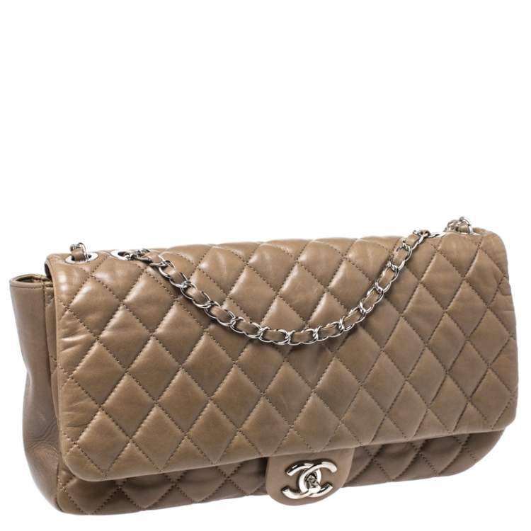 Pre Owned Chanel Khaki Brown Quilted Leather Maxi Classic Single Flap Bag with Rain Cover
