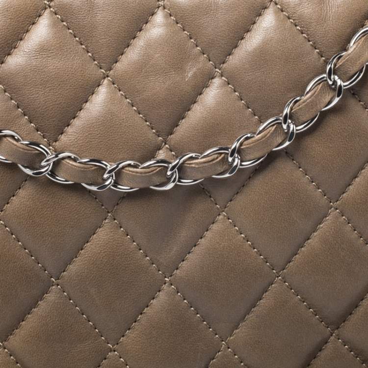 Pre Owned Chanel Khaki Brown Quilted Leather Maxi Classic Single Flap Bag with Rain Cover