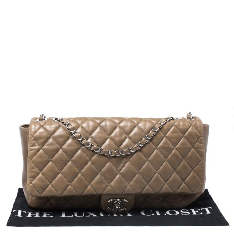 Pre Owned Chanel Khaki Brown Quilted Leather Maxi Classic Single Flap Bag with Rain Cover