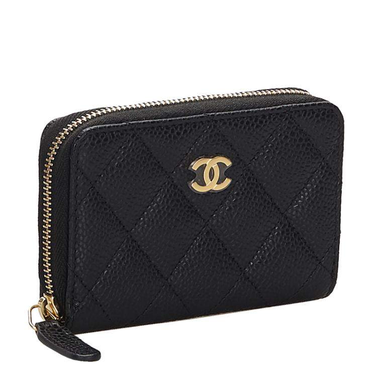 Pre Owned Chanel Black Quilted Caviar Leather Zip Around Coin Purse