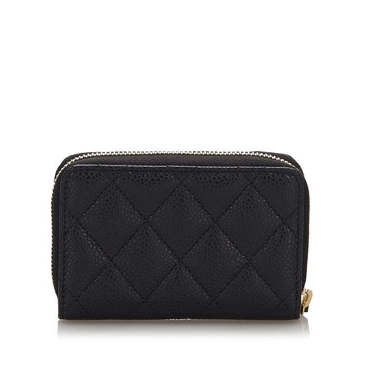 Pre Owned Chanel Black Quilted Caviar Leather Zip Around Coin Purse