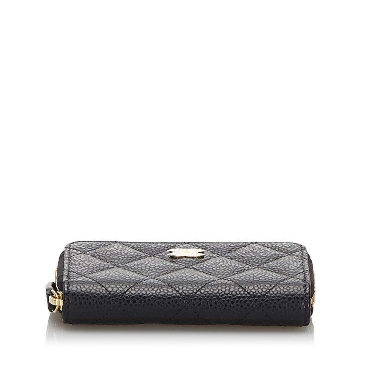Pre Owned Chanel Black Quilted Caviar Leather Zip Around Coin Purse
