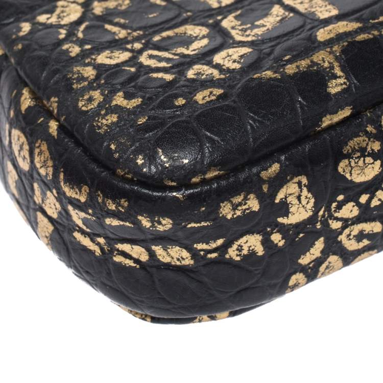 Pre Owned Chanel Black/Gold Croc Embossed Leather Graffiti Reissue WOC