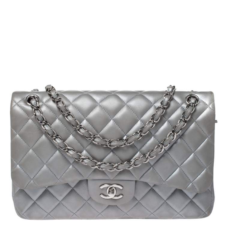 Chanel Silver Quilted Leather Jumbo Classic Double Flap Bag Chanel