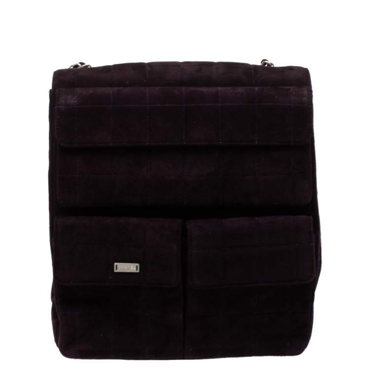 Pre Owned Chanel Dark Plum Chocolate Bar Quilted Suede Vintage Multipocket Flap Bag