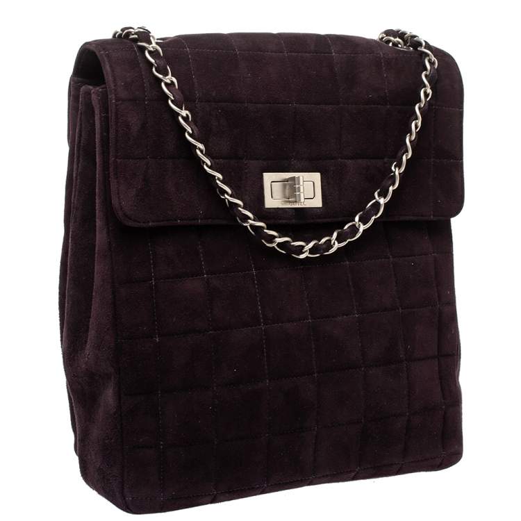Pre Owned Chanel Dark Plum Chocolate Bar Quilted Suede Vintage Multipocket Flap Bag