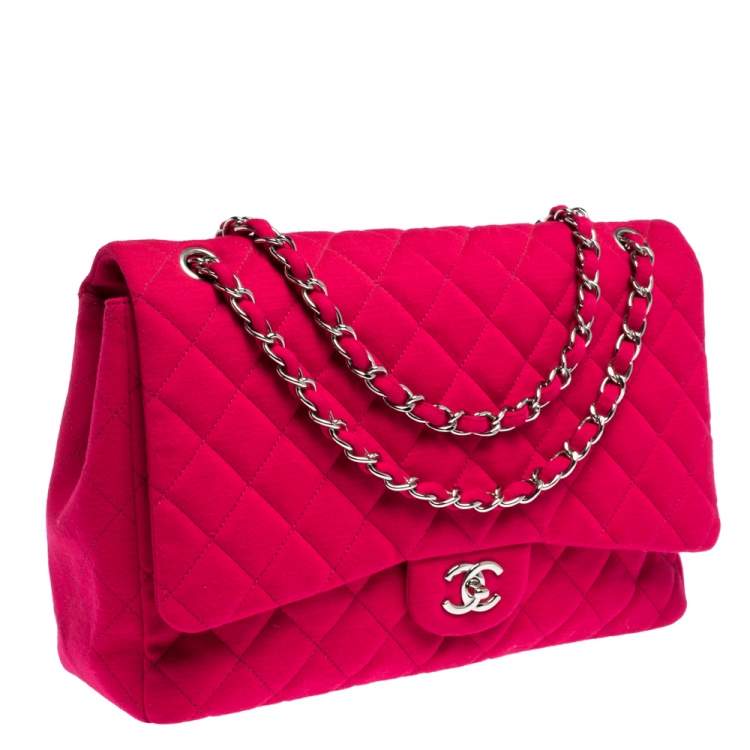 Pre Owned Chanel Magenta Quilted Jersey Maxi Classic Single Flap Bag