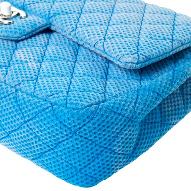 Pre Owned Chanel Blue/White Quilted Perforated Jersey Medium Classic Single Flap Bag         