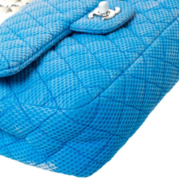 Pre Owned Chanel Blue/White Quilted Perforated Jersey Medium Classic Single Flap Bag         