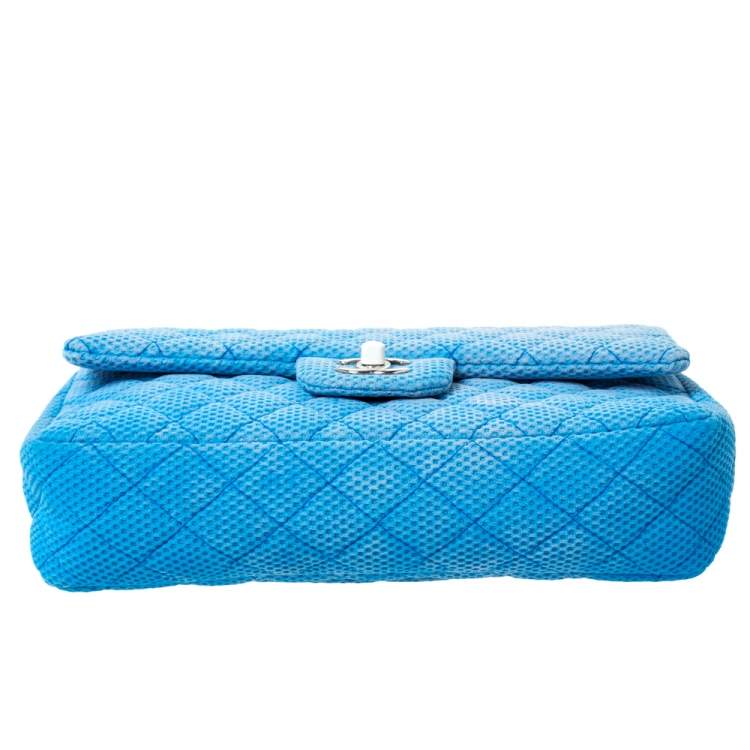 Pre Owned Chanel Blue/White Quilted Perforated Jersey Medium Classic Single Flap Bag         