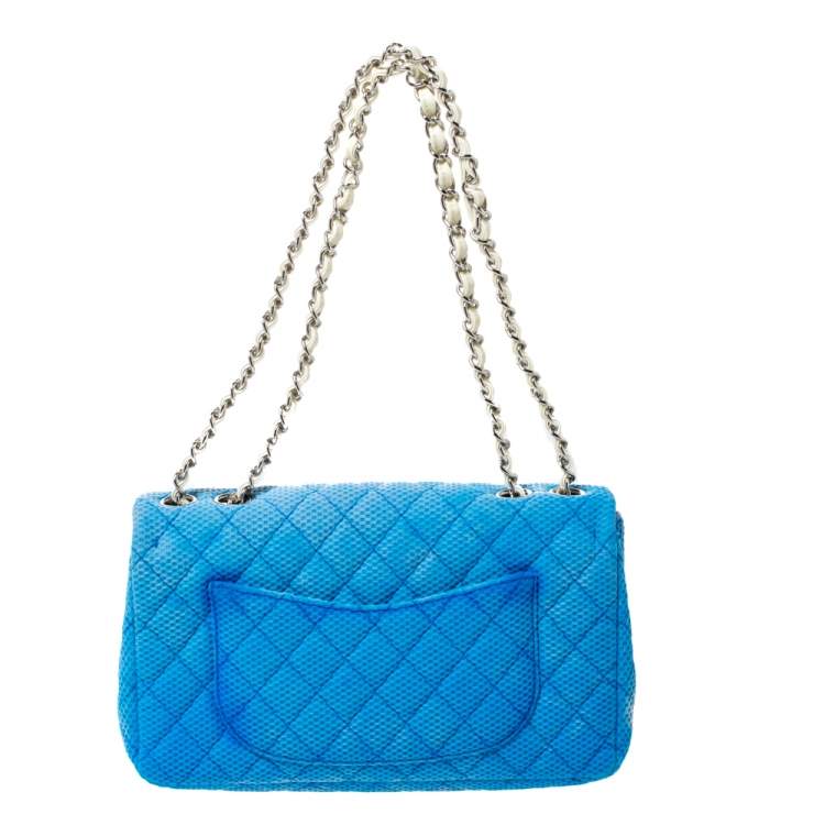 Pre Owned Chanel Blue/White Quilted Perforated Jersey Medium Classic Single Flap Bag         