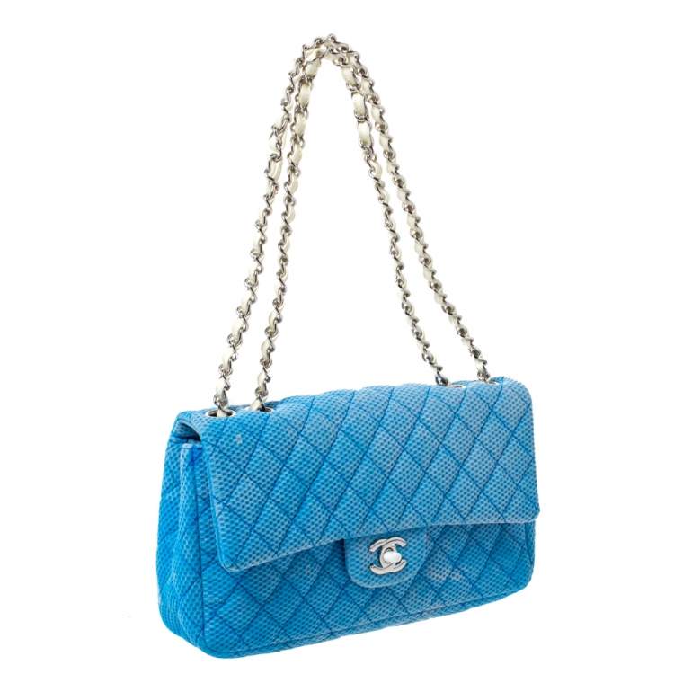 Pre Owned Chanel Blue/White Quilted Perforated Jersey Medium Classic Single Flap Bag         