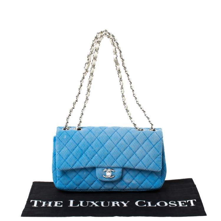 Pre Owned Chanel Blue/White Quilted Perforated Jersey Medium Classic Single Flap Bag         