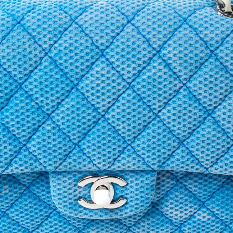 Pre Owned Chanel Blue/White Quilted Perforated Jersey Medium Classic Single Flap Bag         
